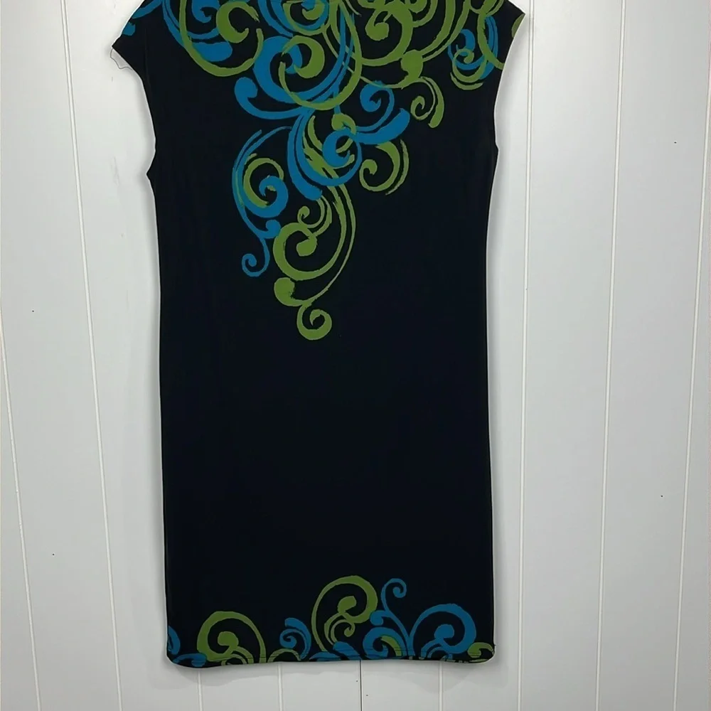 Signature London Womens Dress M Black Green Pullover Swirl Pattern Soft Classy - Picture 9 of 12